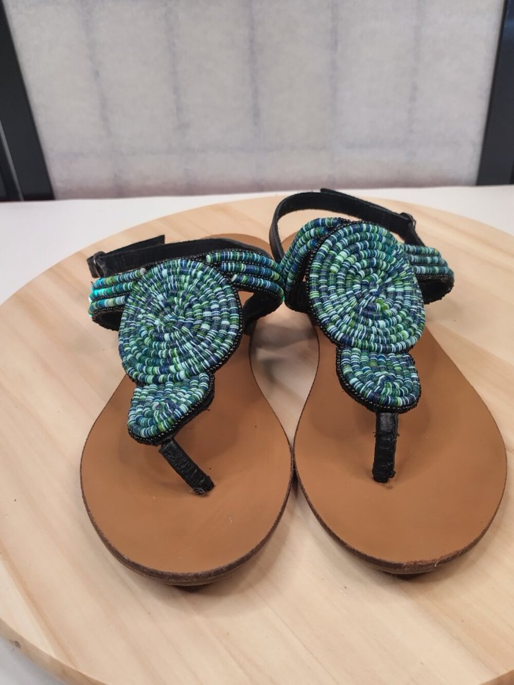 Sandals Blue & Green Beaded Leather Thong Strap Sandals Women US 9 - Picture 4 of 13